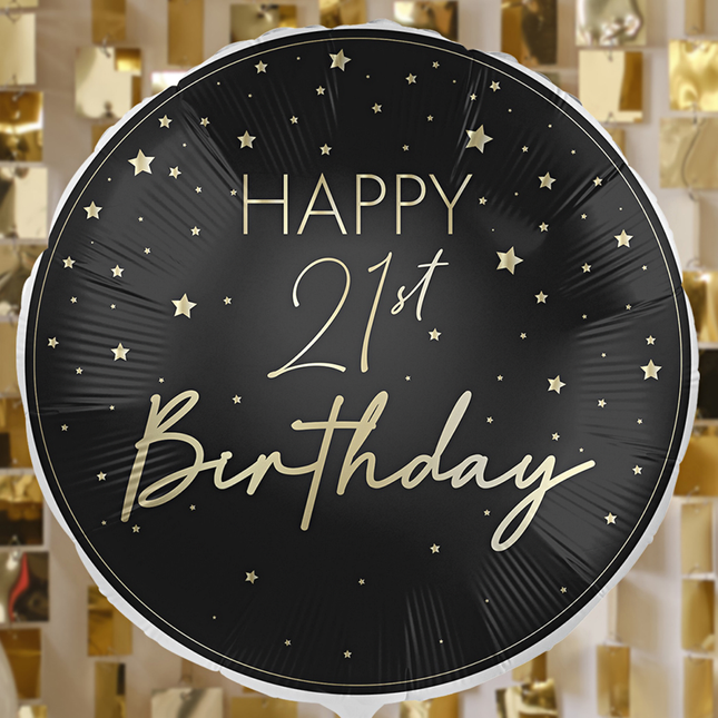 zwarte ronde ballon met gouden sterren en gouden tekst happy 21st birthday