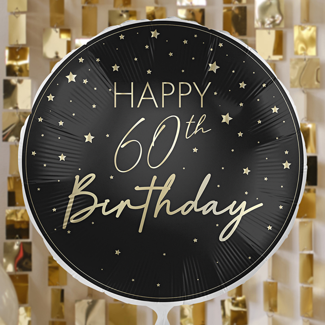 zwarte ronde ballon met gouden sterren en tekst happy 60th birthday