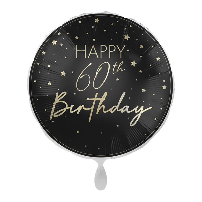 zwarte ronde ballon met gouden sterren en tekst happy 60th birthday