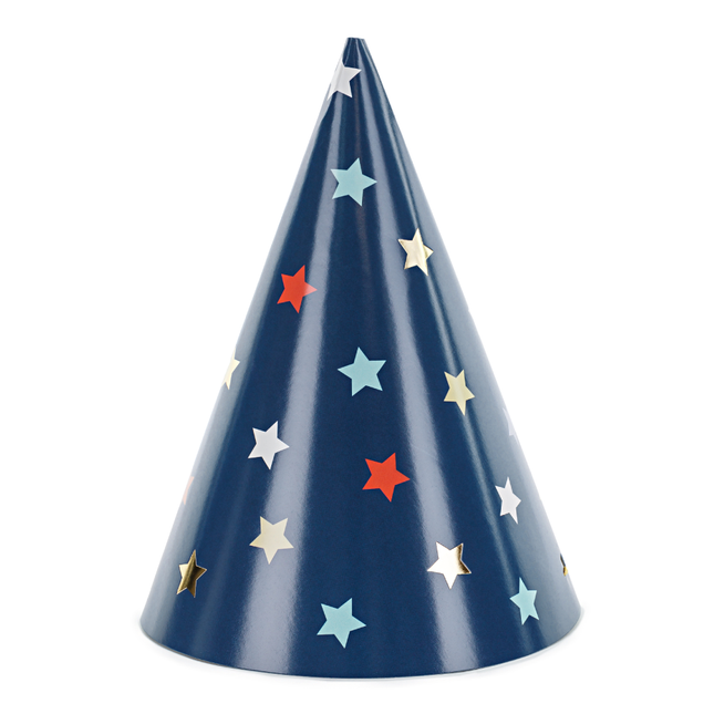 Marine blauw feest hoedje met sterren in het goud, rood en blauw