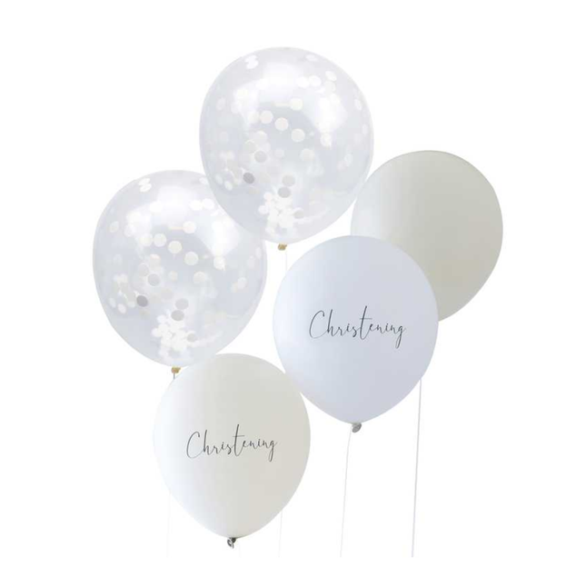 Nude kleurige, witte en doorzichte confetti ballon met het woord christening