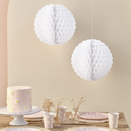 Witte honeycombs met geribbelde rand hangen boven roze en witte madeliefjes versiering