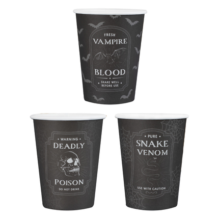 Zwart met witte halloween bekers met de teksten pure snake venom, fresh vampire blood en warning deadly poison