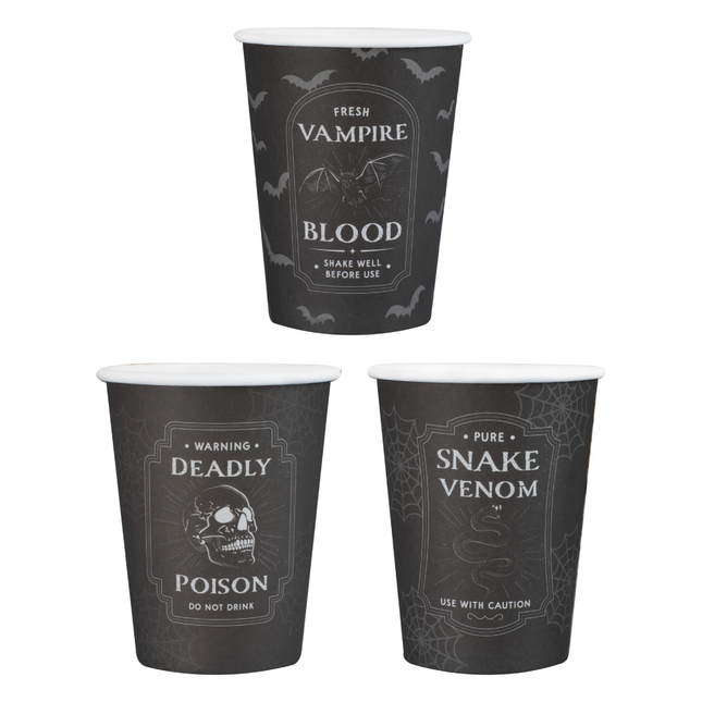 Zwart met witte halloween bekers met de teksten pure snake venom, fresh vampire blood en warning deadly poison