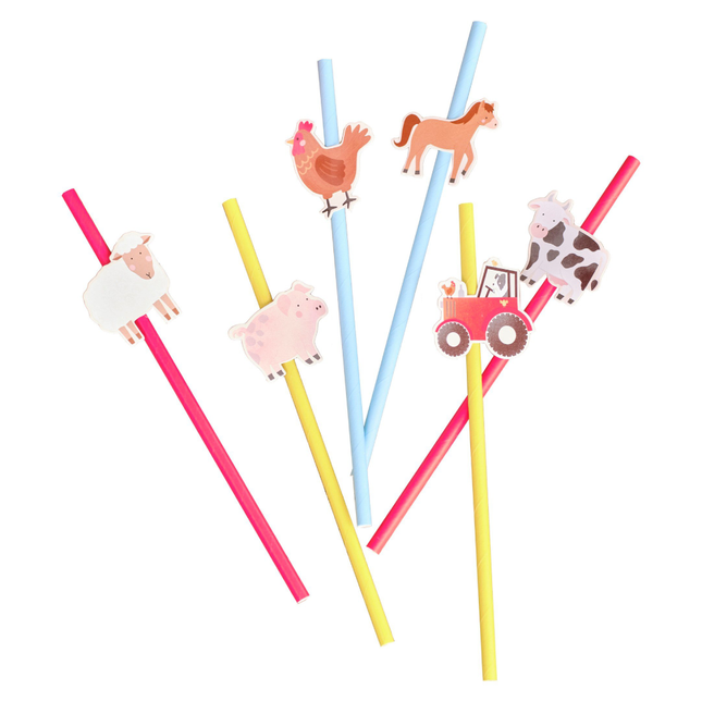 Papieren rietjes met boerderijdieren erop in het geel, rood en blauw