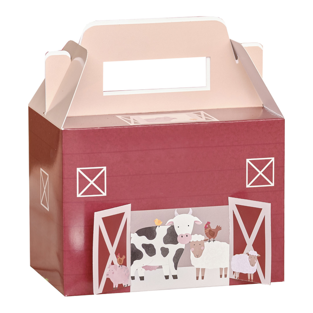 Cadeaubox in de vorm van een boerderij in het rood met boerderijdieren