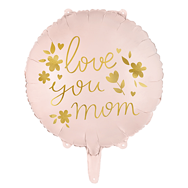 roze folieballon met de gouden tekst love you mom