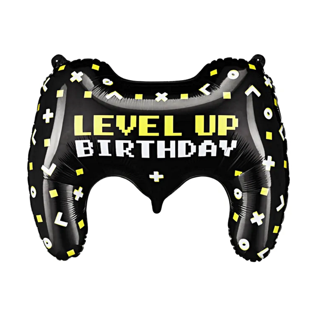 Folieballon met de tekst level up birthday in de vorm van een controller