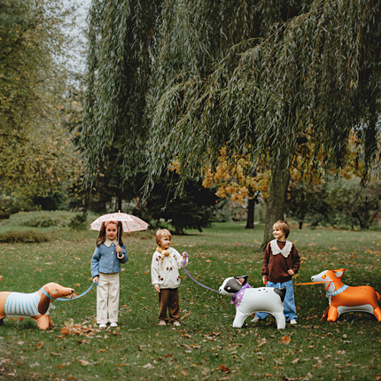 drie kinderen staan op een grasveld met folieballonnen van een corgi, een bulldog en een teckel