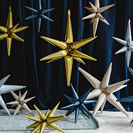 foliesterren in het lichtblauw, donkerblauw, beige en goud