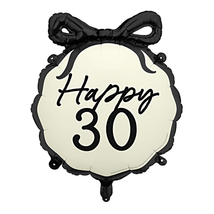 folieballon zwart en creme met een strik en de tekst happy 30