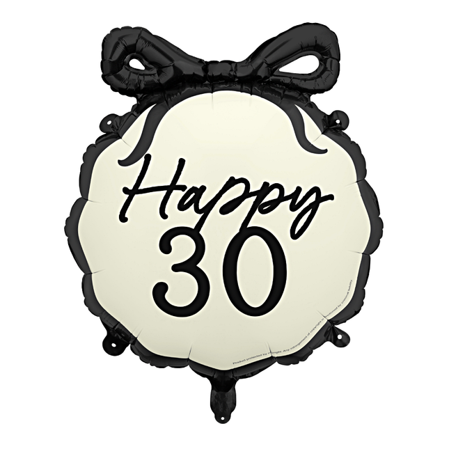 folieballon zwart en creme met een strik en de tekst happy 30