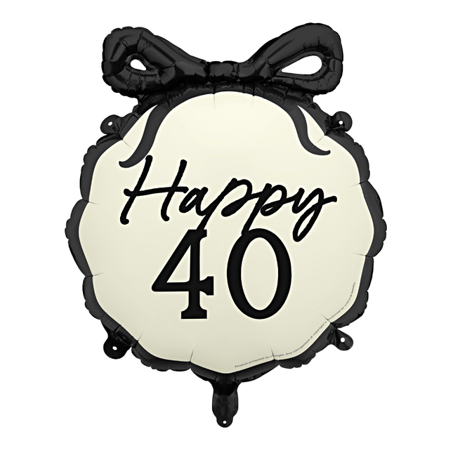 creme en zwarte folieballon met een strik en de tekst happy 40