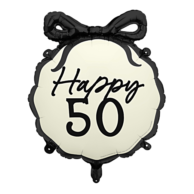 folieballon zwart en creme met een strik en de tekst happy 50