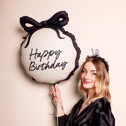 Folieballon Happy Birthday - Zwart & Creme met Strik