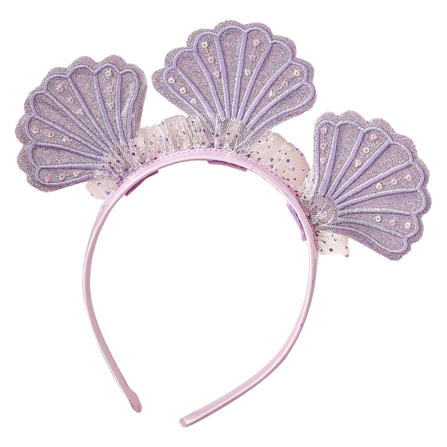 een roze haarband met paarse schelpen en roze tule met paarse diamantjes en holografische pailletten