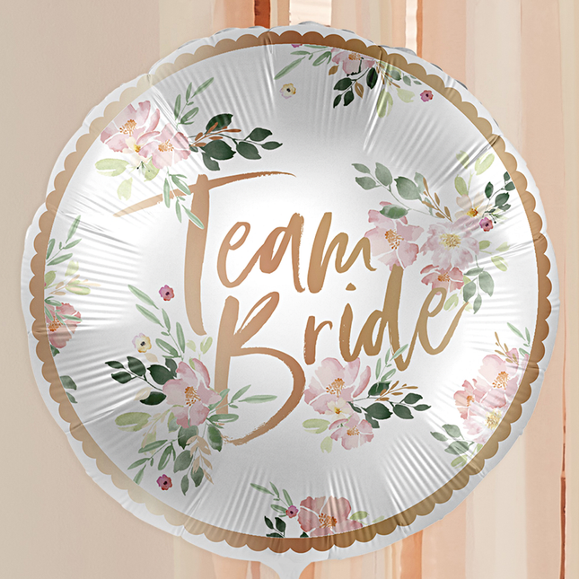 rose gouden team bride folieballon met roze bloemetjes
