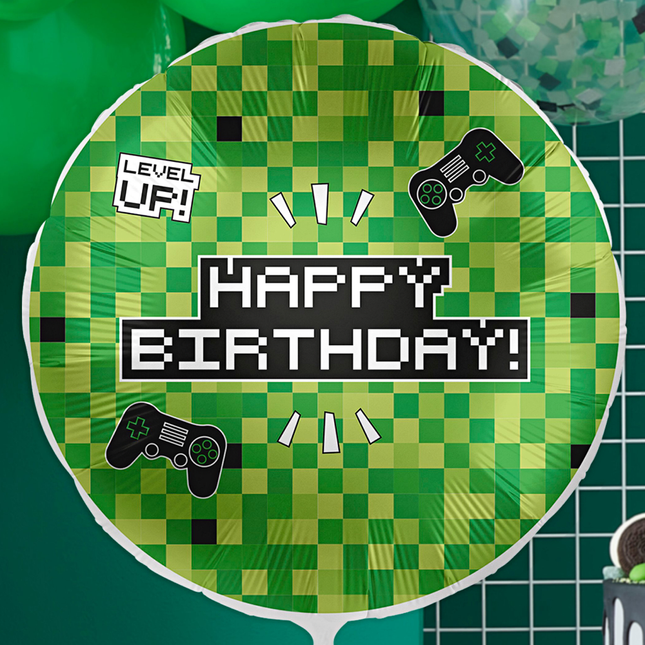 groene games folieballon met de tekst happy birthday