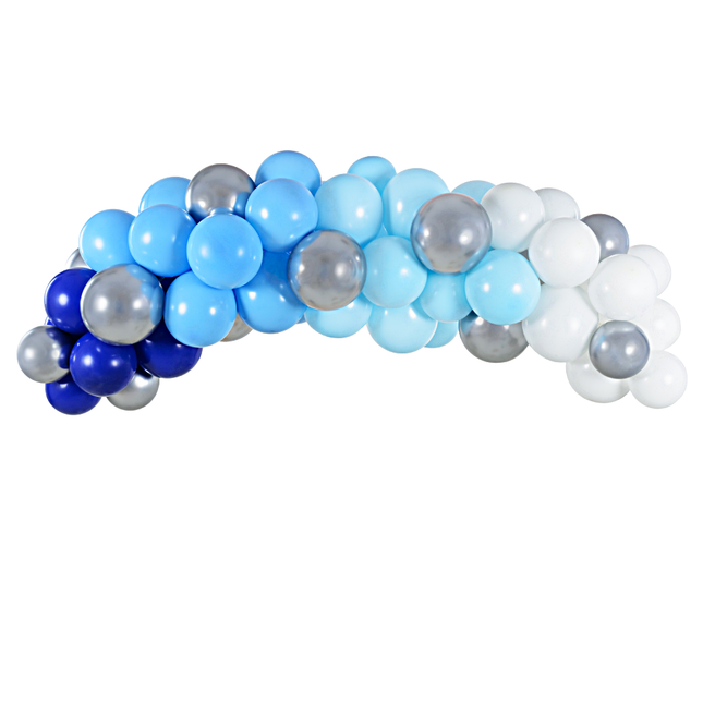 blauw met witte en zilveren ballonnenboog
