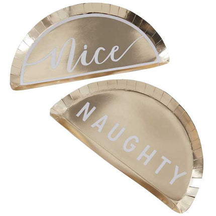 Gouden bordjes in de vorm van een halve maan met nice en naughty erop