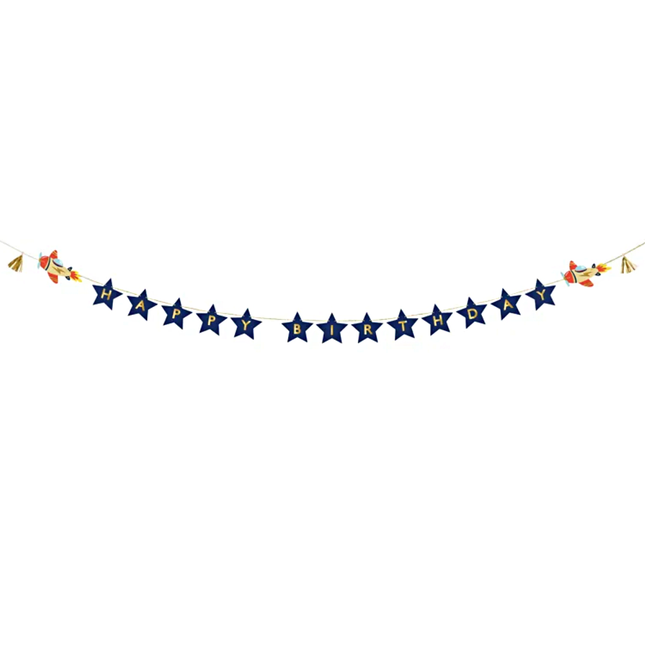 Donkerblauwe sterren slinger met de gouden tekst happy birthday