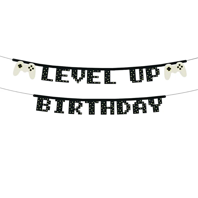 Zwart met groene slinger en controllers level up birthday gamer