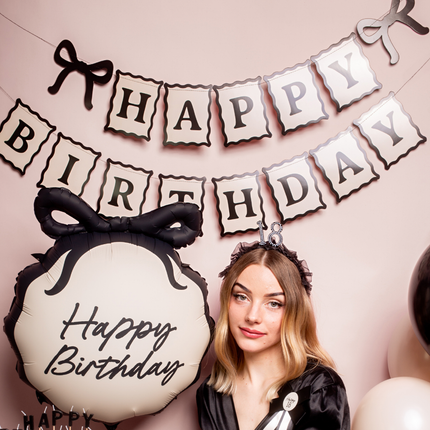 Folieballon Happy Birthday - Zwart & Creme met Strik