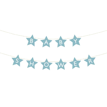 Lichtblauwe slinger met de witte tekst babyshower in de vorm van sterretjes
