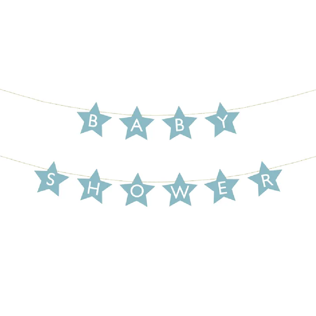 Lichtblauwe slinger met de witte tekst babyshower in de vorm van sterretjes