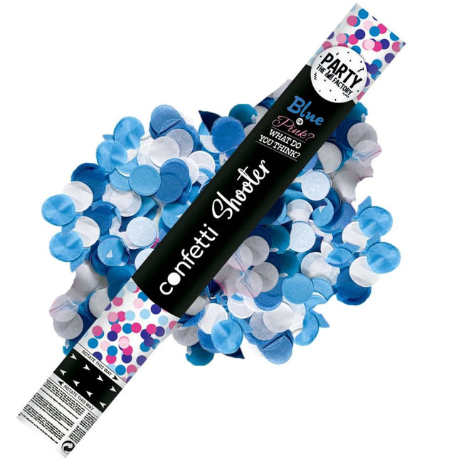 confettishooter bovenop blauwe en witte confetti