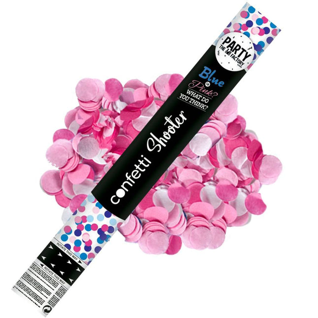 confetti shooter bovenop roze en witte confetti