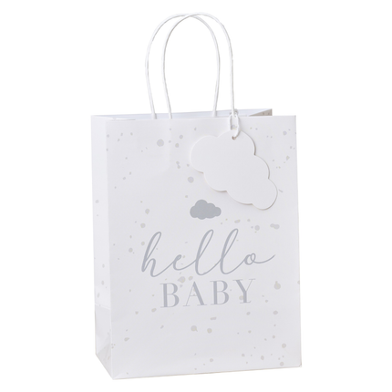 Wit cadeautasje met grijze stippen en een wolkje met de tekst 'hello baby'