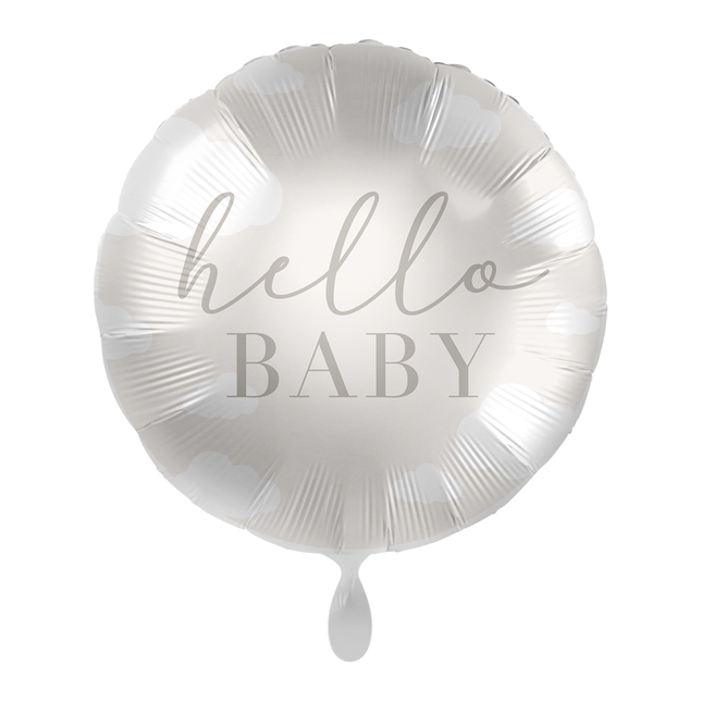 folieballon taupe beige en wit met wolken en de tekst hello baby