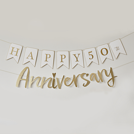happy anniversary letterbanner wit en goud