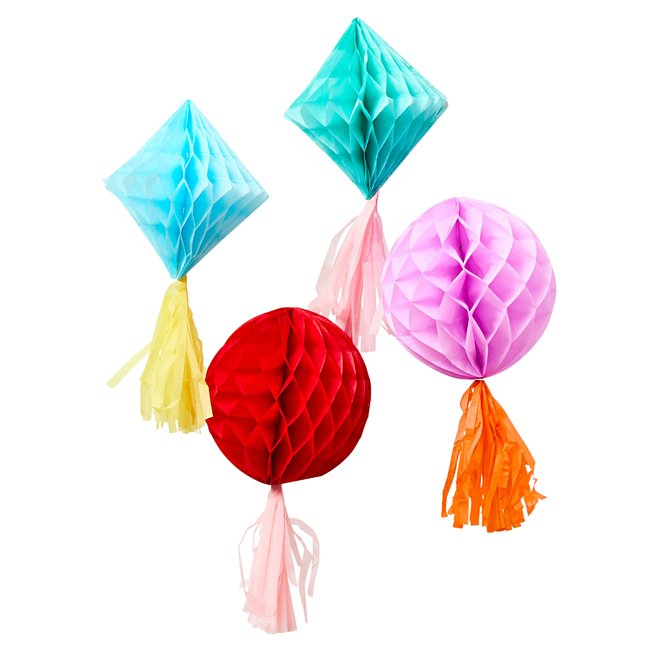 honeycombs in het rood, mintgroen en paars met oranje, gele en roze tassels