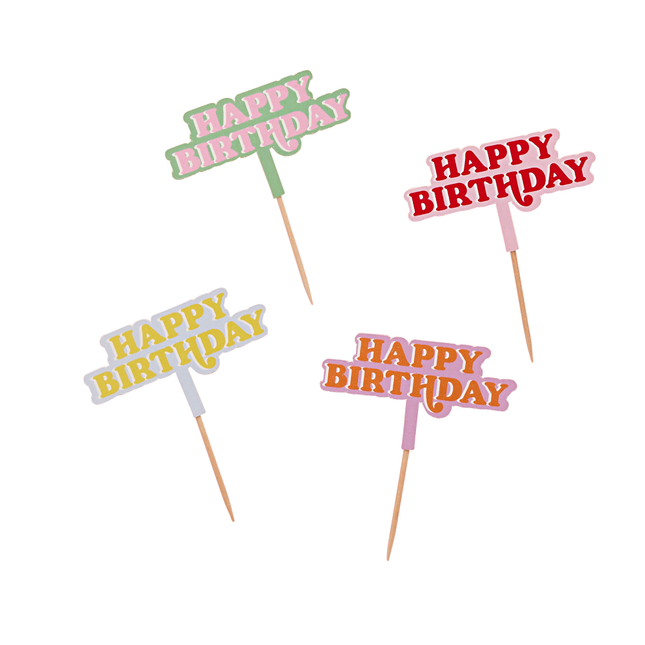 cocktailprikkers in regenboog kleuren met de tekst happy birthday