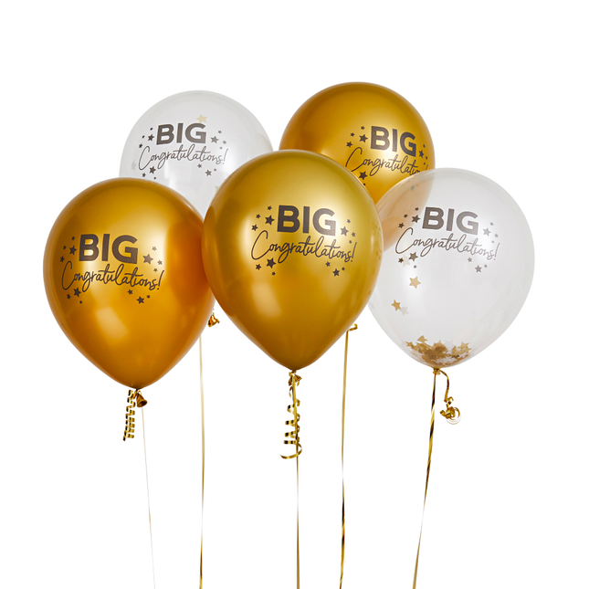 Gouden en confetti ballonnen met de tekst big congratulations