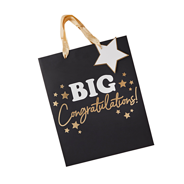 Cadeautas in het zwart en goud met de tekst big congratulations