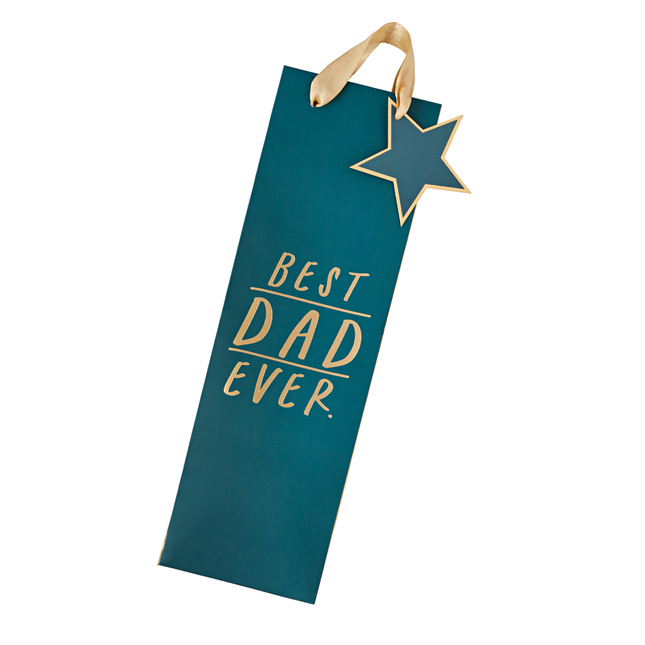 Cadeautas voor een wijnfles in het donkerblauw en goud met de tekst best dad ever