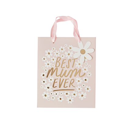Roze cadeautasje met de gouden tekst best mum ever en madeliefjes