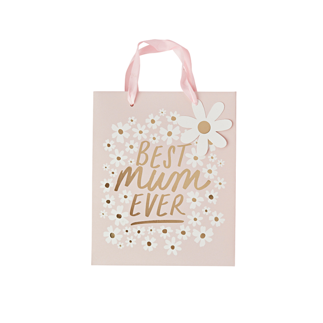 Roze cadeautasje met de gouden tekst best mum ever en madeliefjes