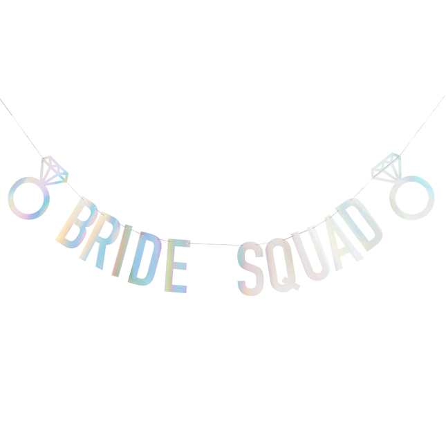 Iridescent slinger met de tekst bride squad en twee trouwringen