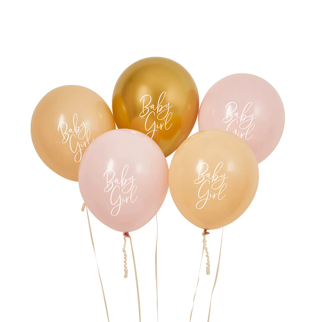 Set ballonnen in het goud, nude en lichtroze met de witte tekst baby girl