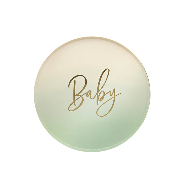 saliegroen bordje met ombre effect en gouden tekst baby