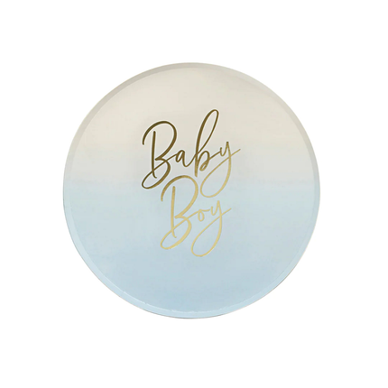 blauw en witte ombre bordjes met gouden tekst baby boy