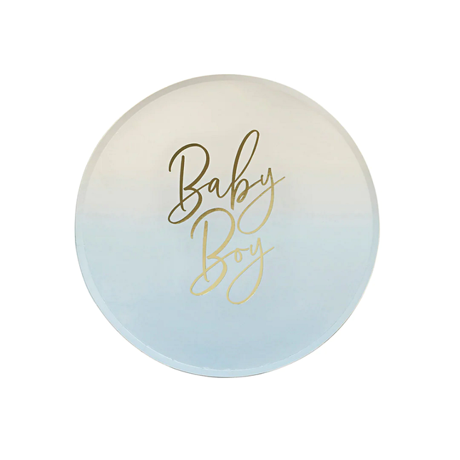 blauw en witte ombre bordjes met gouden tekst baby boy