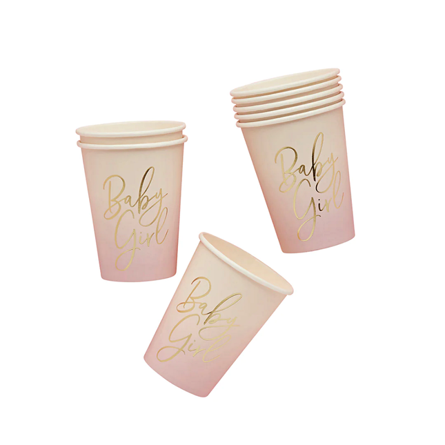 roze en witte bekers met ombre effect en gouden tekst baby girl