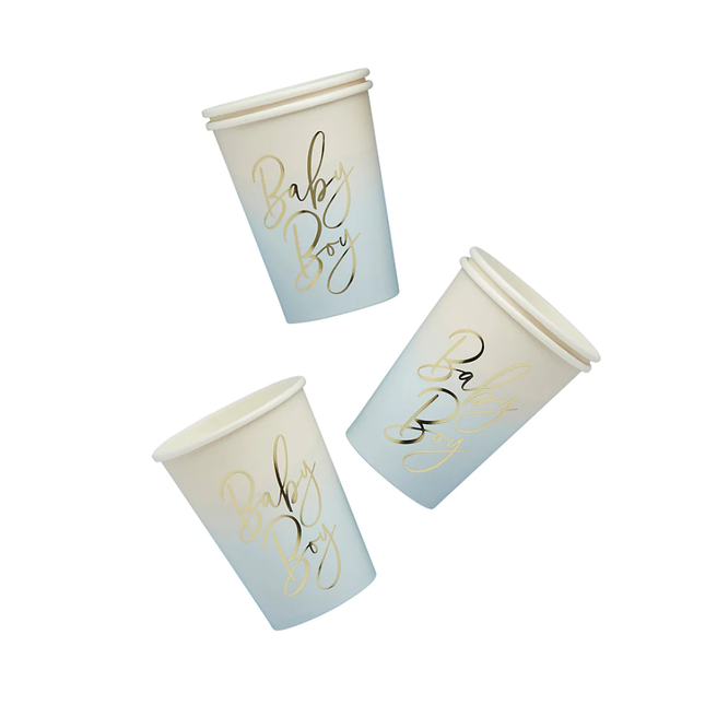 blauw en witte ombre bekers met gouden tekst baby boy