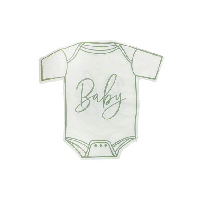 servetten in de vorm van een romper met groene randen en saliegroene tekst baby