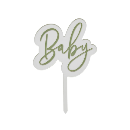 acryl taart topper met de saliegroene tekst baby